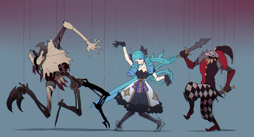 1girl 2boys absurdres arm_up black_gloves blue-eyes_white_dragon blue_hair checkered checkered_clothing checkered_legwear chromatic_aberration claws closed_mouth collarbone dagger dress drill_hair dual_wielding fiddlesticks gloves gradient gradient_hair gwen_(league_of_legends) heterochromia highres holding holding_dagger holding_weapon league_of_legends long_hair mechanical monster mr._skull multicolored_hair multiple_boys open_mouth oversized_object puppet puppet_strings purple_eyes red_eyes scar scar_on_neck scissors shaco sharp_teeth smile stitches string striped striped_legwear teeth tongue tongue_out torn torn_clothes weapon