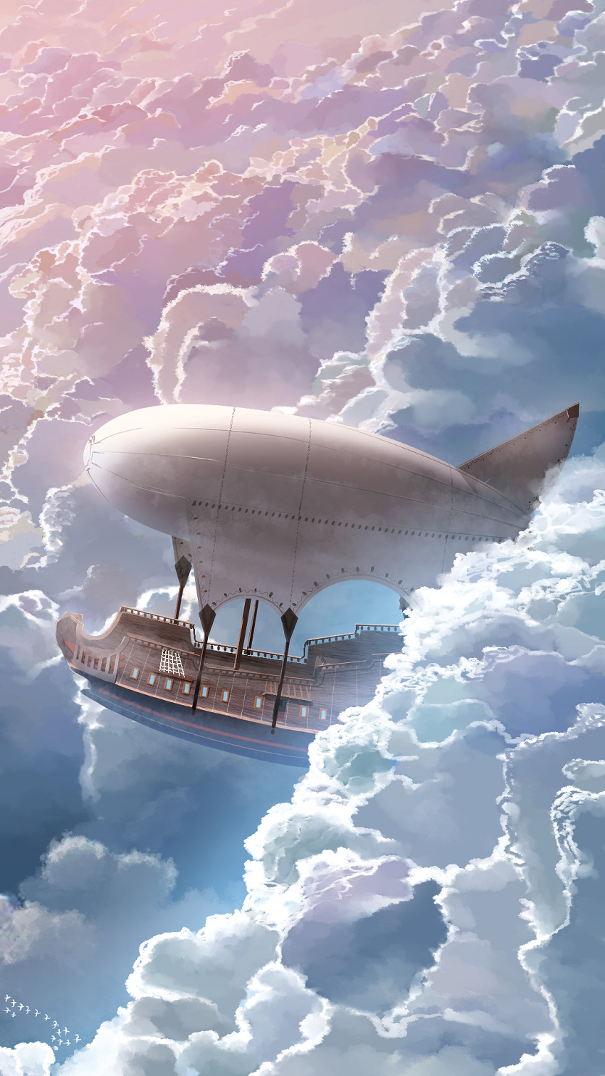 aircraft airship bird blue_sky cloud cloudy_sky commentary dirigible fantasy flock gradient_sky highres mast no_humans original pink_sky rigging scenery ship sky smile_(qd4nsvik) watercraft