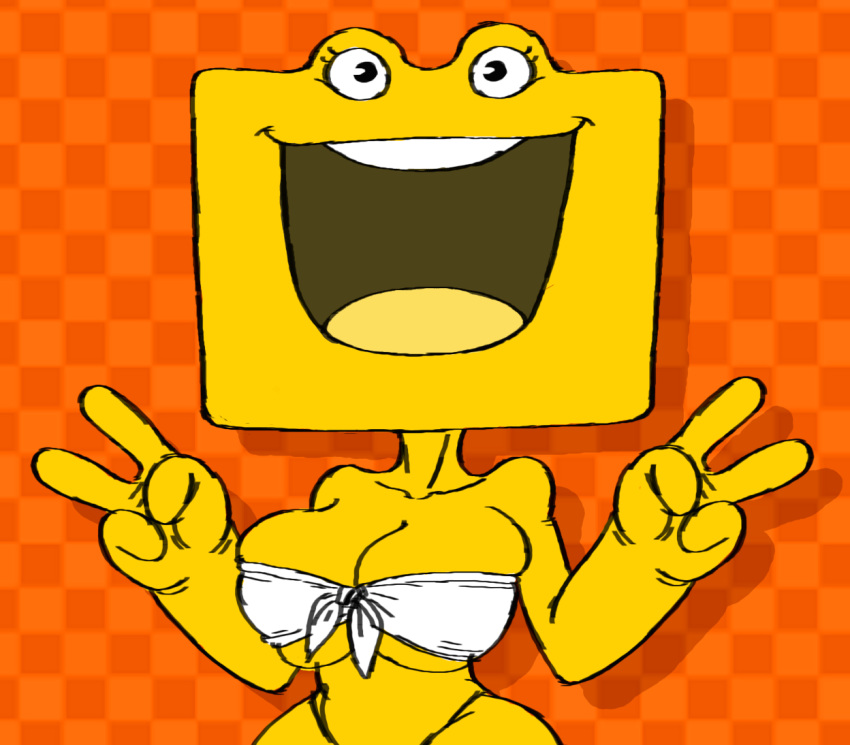 2021 amphibian big_breasts big_head big_mouth_(anatomy) breasts checkered_background clothed clothing fan_character female frog geometria_(series) geometrian_(species) open_mouth orange_background pattern_background peace_signs shirtbusters simple_background tagme white_clothing yellow_body yellow_skin