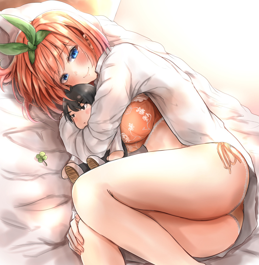 1girl ass ayachanman bangs bed_sheet blue_eyes blush bra breasts character_doll clover dress_shirt eyebrows_visible_through_hair four-leaf_clover go-toubun_no_hanayome green_ribbon hair_ribbon highres lace-trimmed_bra lace-trimmed_panties lace_trim large_breasts lips looking_at_viewer lying medium_hair nakano_yotsuba on_bed on_side orange_bra orange_hair orange_panties panties ribbon shirt side-tie_panties smile uesugi_fuutarou underwear white_shirt