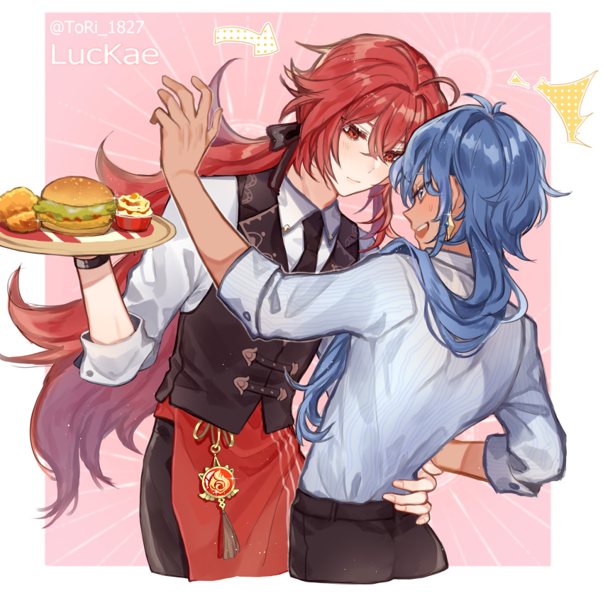 2boys ^^^ absurdres apron arrow_(symbol) bangs black_bow black_pants black_vest blue_eyes blue_hair blue_shirt blush border bow closed_mouth commentary dark_skin dark_skinned_male diamond_earrings diluc_(genshin_impact) earrings embarrassed food fried_chicken genshin_impact hair_bow hamburger hand_on_another's_waist highres holding holding_tray jewelry kaeya_(genshin_impact) long_sleeves looking_at_another looking_down mashed_potatoes multiple_boys open_mouth pants pink_background ponytail red_apron red_eyes red_hair shirt sidelocks simple_background striped striped_shirt surprised torisan_(rinlen1827) tray twitter_username upper_body upper_teeth vest vision_(genshin_impact) waist_apron white_shirt wrist_cuffs yaoi