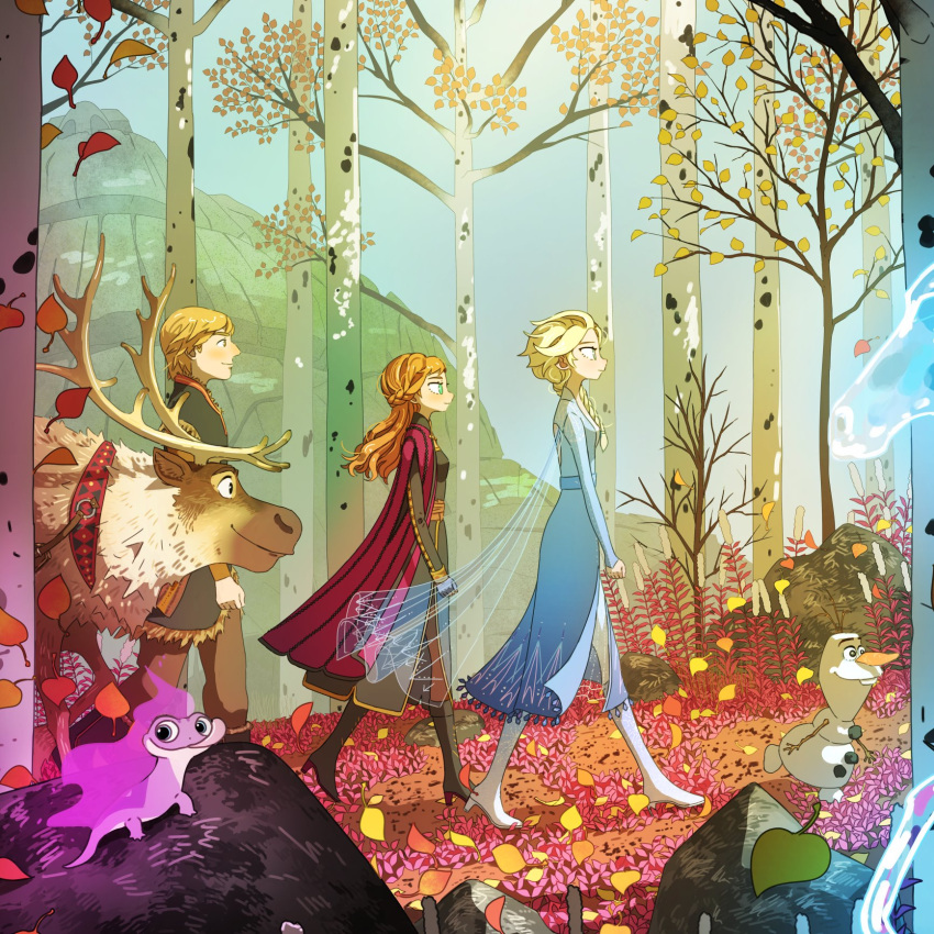 2boys 2girls anna_(frozen) aqua_dress blonde_hair dress elsa_(frozen) frozen_(disney) frozen_ii_(disney) highres illustration.media kristoff_(frozen) leaf long_hair multiple_boys multiple_girls olaf_(frozen) orange_hair profile short_hair siblings sisters tao_(tao15102) tree walking