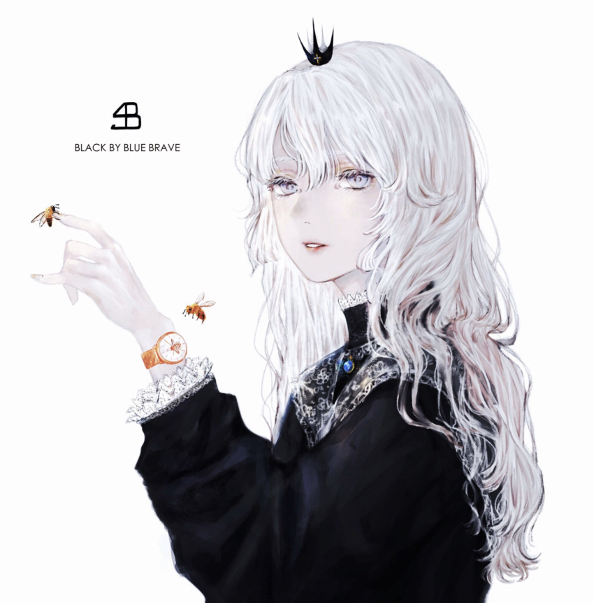 1girl bangs bee black_by_blue_brave black_dress bug copyright_name crown dress hand_up highres insect long_hair long_sleeves original parted_lips shirone_(coxo_ii) simple_background solo upper_body watch white_background white_eyes white_hair wristwatch