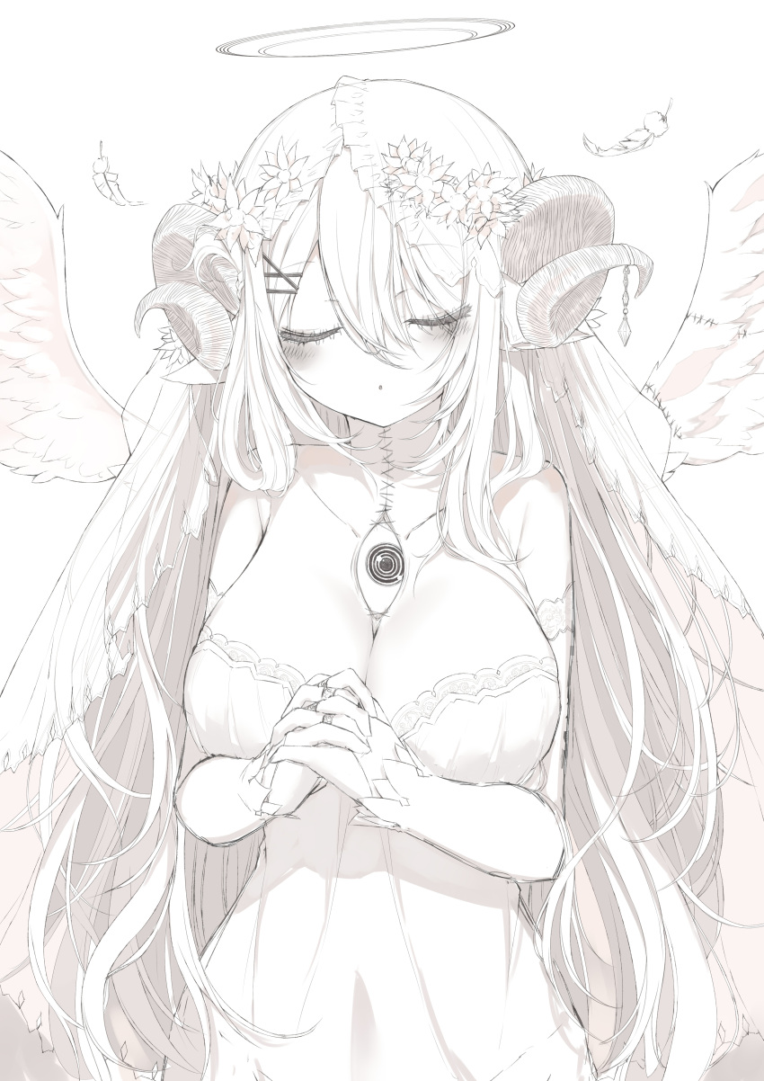 1girl :o absurdres angel_wings bangs bare_shoulders blush closed_eyes collarbone commentary curled_horns detached_sleeves dress eyebrows_visible_through_hair facing_viewer feathered_wings feathers flower greyscale hair_between_eyes hair_flower hair_ornament halo highres horns interlocked_fingers jewelry long_sleeves monochrome original own_hands_clasped own_hands_together parted_lips ring simple_background sleeves_past_wrists solo stitches strapless strapless_dress third_eye veil white_background wings yuui_hutabakirage