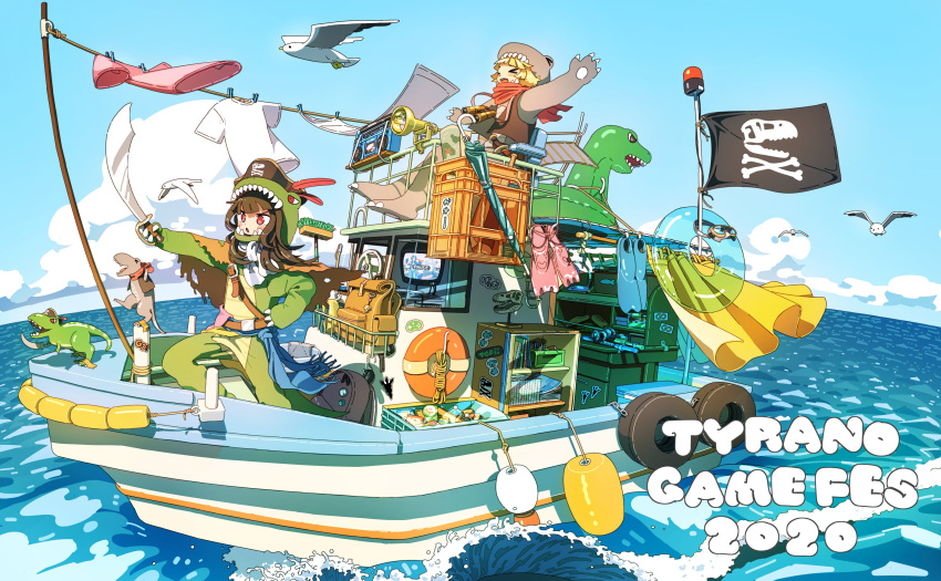 2020 2girls absurdres bangs bird blonde_hair blue_sky blush boat brown_hair closed_eyes cloud dinosaur dinosaur_costume highres holding holding_sword holding_weapon hood hood_up innertube jolly_roger multiple_girls original pink_shirt pirate red_eyes shadow shelf shirt sky sword tao_(tao15102) water watercraft weapon white_shirt