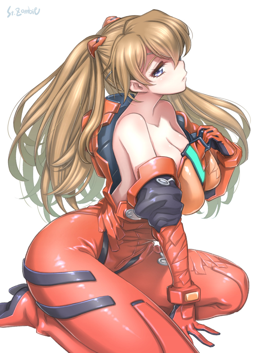 1girl ass blonde_hair blue_eyes bodysuit breasts floor gainax hand_on_own_chest highres long_hair looking_to_the_side neon_genesis_evangelion no_bra open_clothes open_shirt sitting solo souryuu_asuka_langley studiozombie thighs wariza