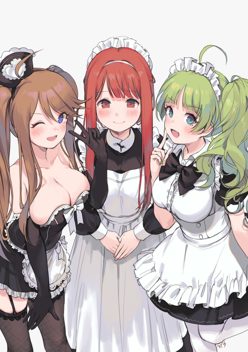 3girls absurdres ahoge apron bangs bare_shoulders black_dress black_gloves black_legwear black_ribbon blue_eyes blush breasts brown_hair cleavage dress elbow_gloves eyebrows_visible_through_hair frilled_apron frills garter_straps gloves green_hair highres idolmaster idolmaster_million_live! idolmaster_million_live!_theater_days large_breasts long_hair maid_headdress multiple_girls nys open_mouth own_hands_together red_eyes red_hair ribbon shimabara_elena short_sleeves side_ponytail signature smile tanaka_kotoha thighhighs tokoro_megumi twintails v waist_apron white_background white_legwear white_ribbon zettai_ryouiki