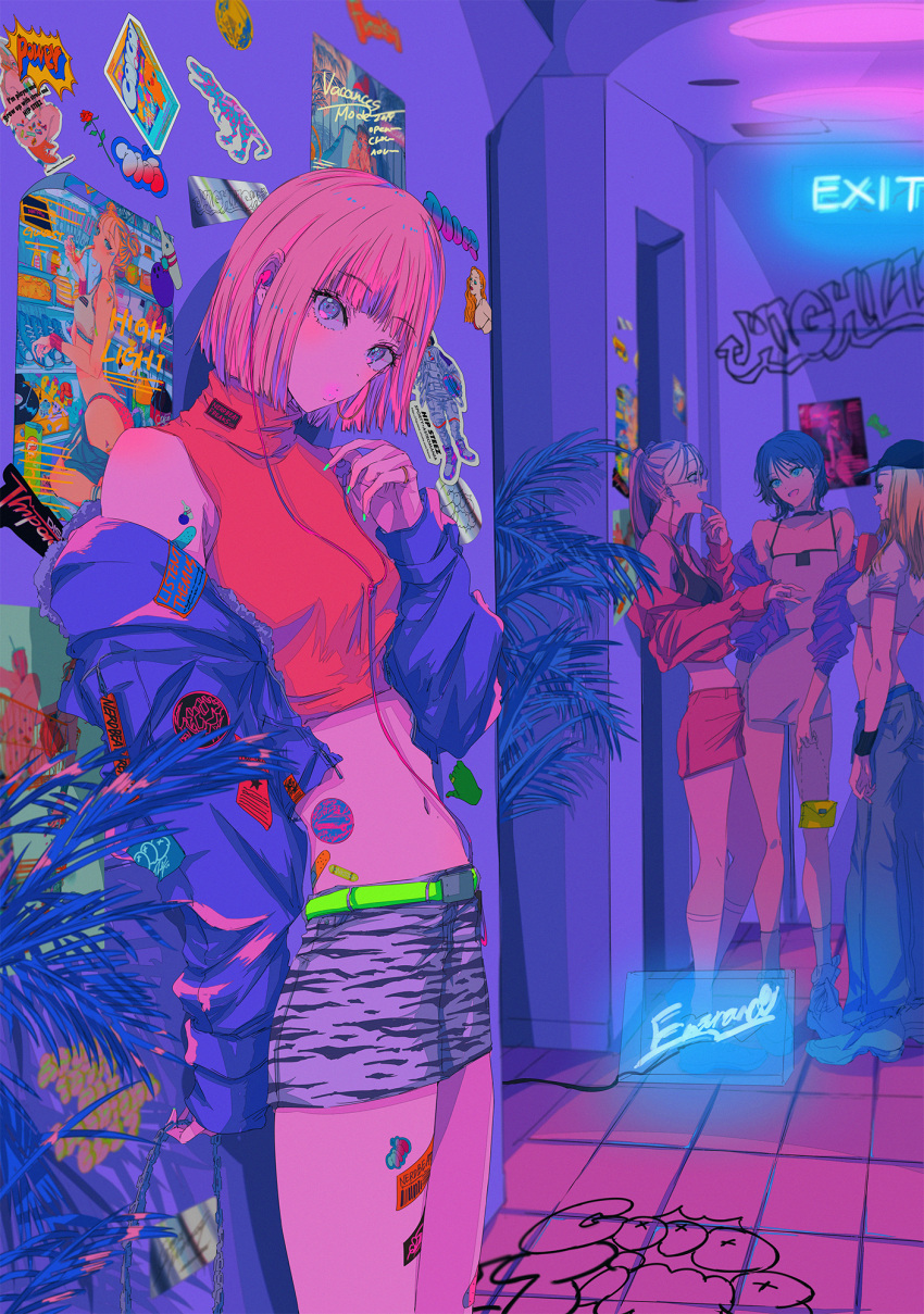 4girls bangs cowboy_shot crop_top eyebrows_visible_through_hair green_belt green_nails hand_up highres indoors midriff multiple_girls najuco_(naju0517) off_shoulder original pink_hair plant print_shorts red_shirt shadow shirt short_hair shorts sleeveless sleeveless_shirt solo_focus