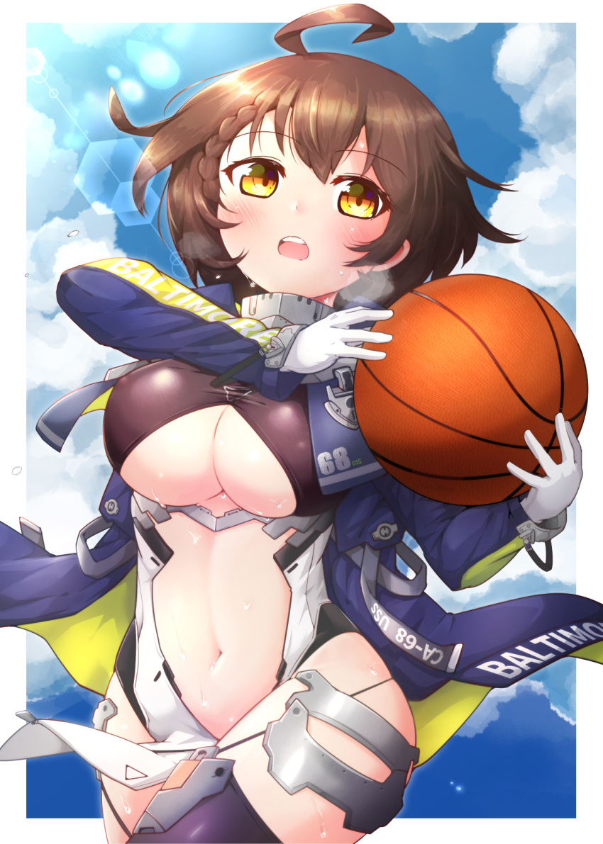 1girl ahoge azur_lane ball baltimore_(azur_lane) bangs basketball black_legwear blue_coat blue_sky blush braid breasts brown_hair center_opening character_name clothing_cutout cloud coat commentary_request cowboy_shot day eyebrows_visible_through_hair faulds french_braid garter_straps gloves hair_between_eyes heavy_breathing highres holding holding_ball hooded_coat kado_(hametunoasioto) large_breasts lens_flare long_sleeves looking_at_viewer multicolored_coat navel number open_clothes open_coat open_mouth pelvic_curtain short_hair sidelocks skindentation sky solo standing stomach_cutout sweat taut_clothes thighhighs underboob underboob_cutout upper_teeth visor_(armor) white_gloves yellow_eyes