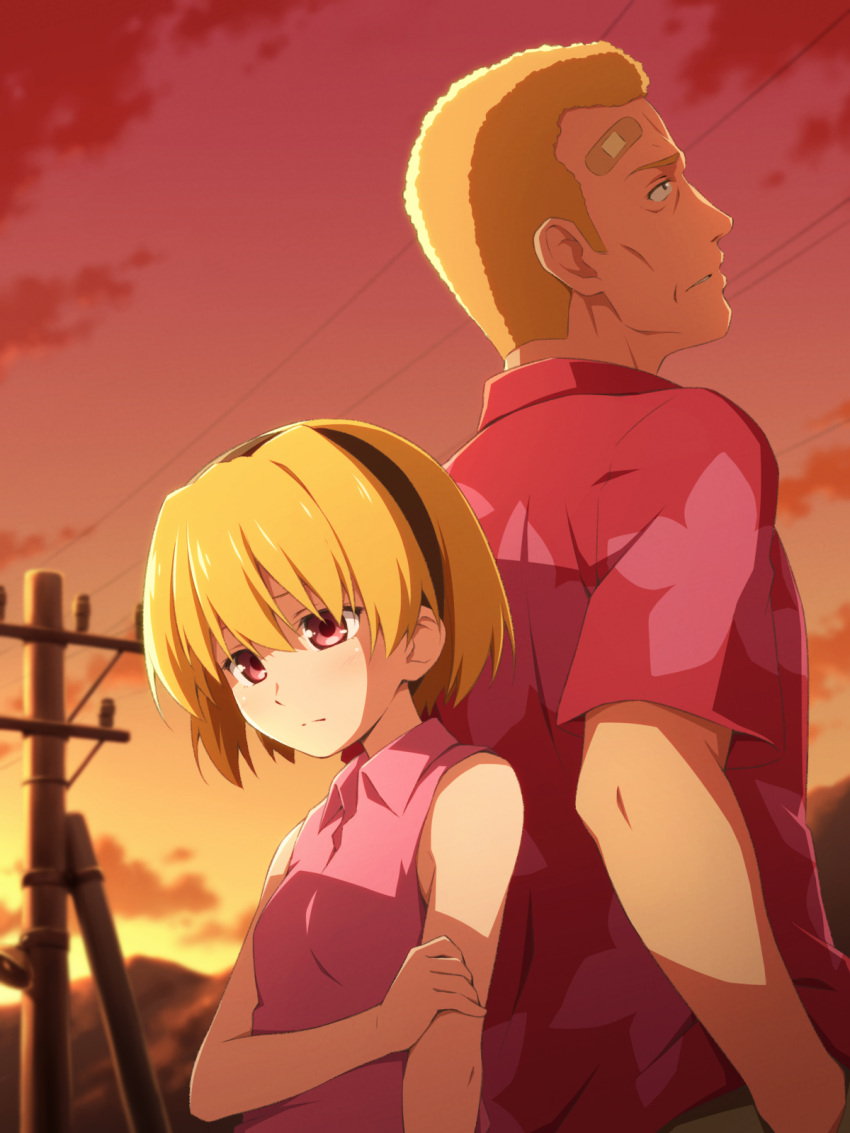 1boy 1girl arm_at_side back-to-back bandaid bandaid_on_forehead bangs black_hairband blonde_hair blush breasts closed_mouth cloud collared_shirt commentary evening floral_print frown gradient_sky hairband hand_on_own_arm hawaiian_shirt highres higurashi_no_naku_koro_ni houjou_satoko houjou_teppei looking_down looking_up mashita_(candy_apricot) orange_sky outdoors parted_lips pink_eyes pink_shirt power_lines print_shirt red_shirt red_sky shirt short_hair short_sleeves sky sleeveless sleeveless_shirt small_breasts uncle_and_niece upper_body utility_pole