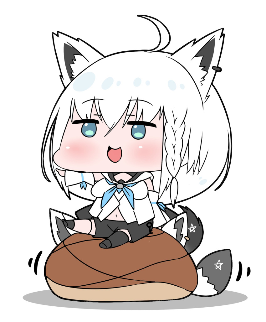 1girl ahoge animal_ear_fluff animal_ears aqua_eyes chibi detached_sleeves fox_ears fox_girl fox_tail hair_between_eyes highres hololive jewelry key navel neckerchief pointing rei_(rei_rr) shirakami_fubuki single_earring sitting solo tail virtual_youtuber white_hair