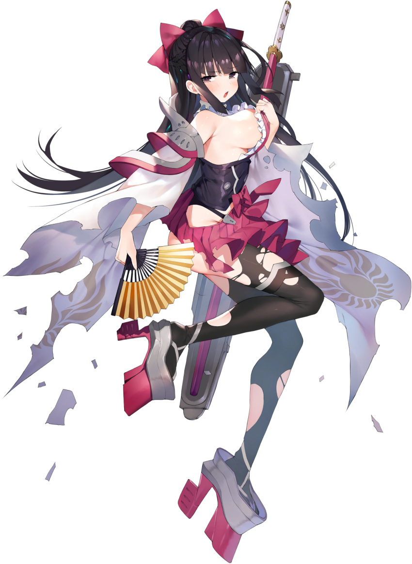 1girl bangs black_hair blue_oath blunt_bangs blush bow breasts damaged eyebrows_visible_through_hair fan frills gaou_(umaiyo_puyoman) hair_bow hair_bun hakama hakama_skirt highres hip_vent holding holding_fan japanese_clothes large_breasts leg_up long_hair official_art open_mouth pink_hakama rigging rudder_footwear shoukaku_(blue_oath) sideboob solo sword thighhighs torn_clothes torn_legwear transparent_background weapon wide_sleeves