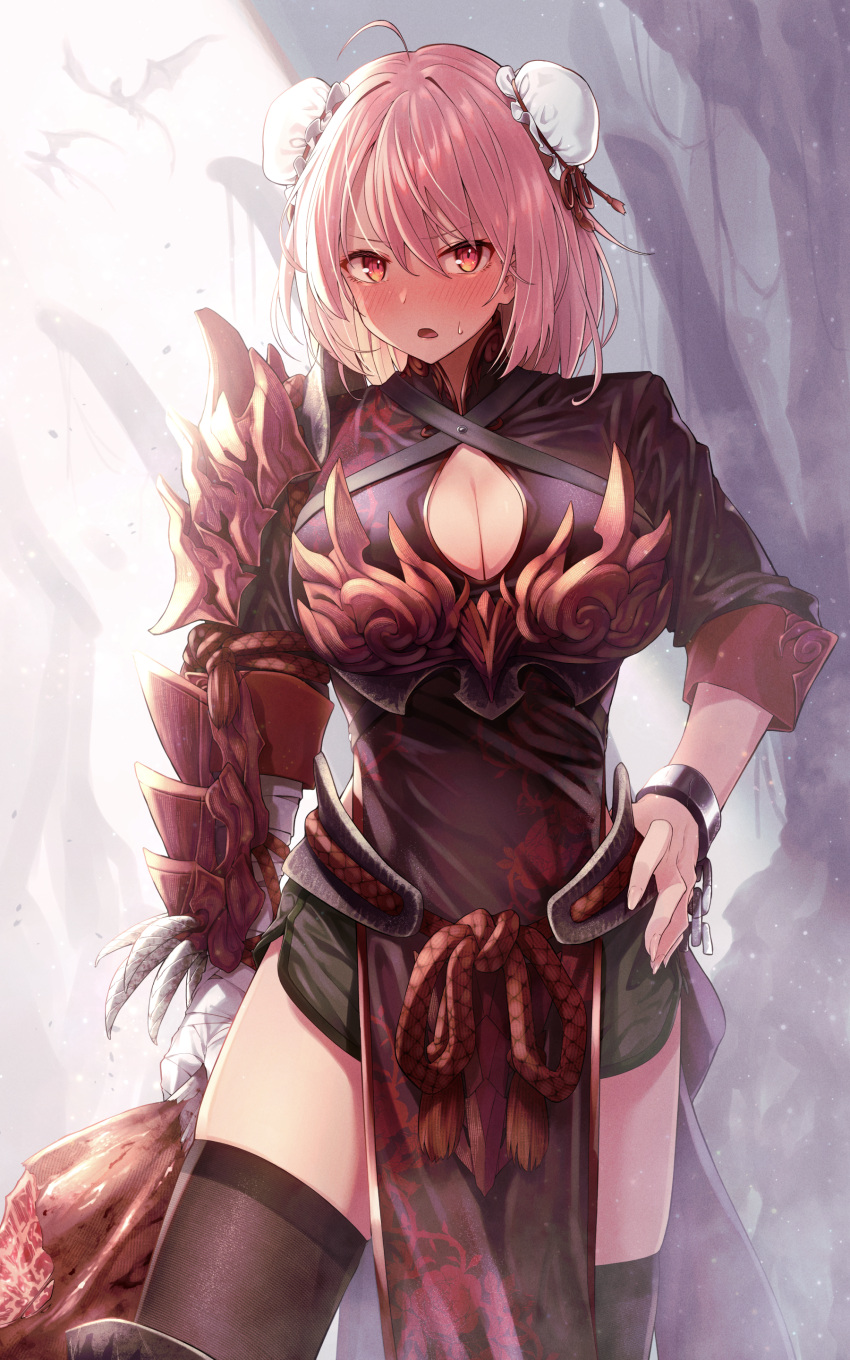 1girl absurdres armor bandaged_arm bandages black_legwear blush breasts bun_cover cleavage cuffs double_bun greenkohgen hand_on_hip highres ibaraki_kasen large_breasts looking_at_viewer monster_hunter:_world monster_hunter_(series) odogaron_(armor) orange_eyes parted_lips pelvic_curtain pink_hair shackles short_hair solo standing sweatdrop thighhighs touhou