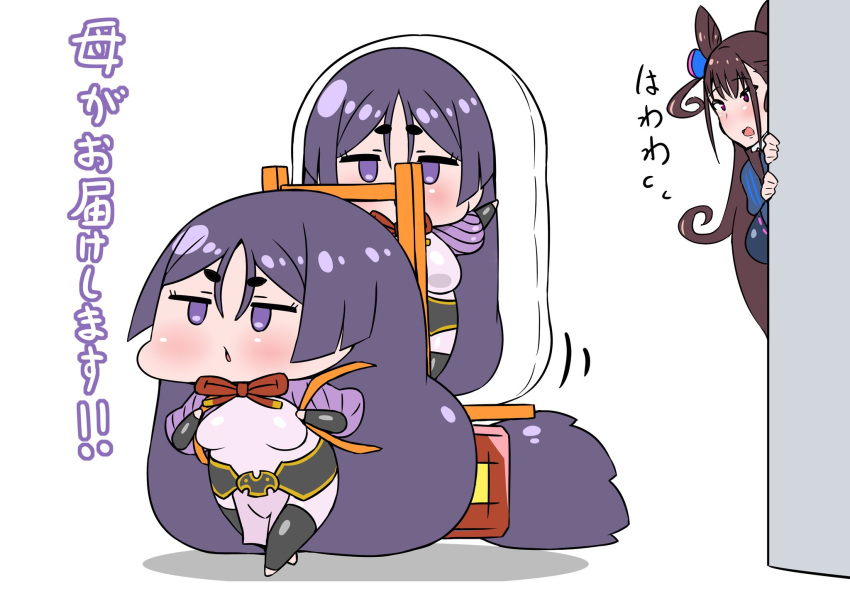 2girls absurdly_long_hair bangs chibi commentary_request dakimakura_(object) fate/grand_order fate_(series) hair_cones highres long_hair minamoto_no_raikou_(fate) multiple_girls murasaki_shikibu_(fate) open_mouth parted_bangs pelvic_curtain pillow purple_eyes purple_hair rei_(rei_rr) sidelocks translation_request very_long_hair wall