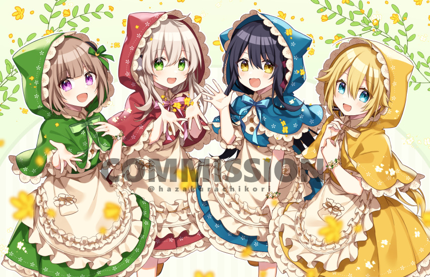 4girls :d apron bangs black_hair blonde_hair blue_bow blue_capelet blue_eyes blue_skirt blush bow brown_bow brown_eyes capelet commission eyebrows_visible_through_hair flower frilled_apron frills green_capelet green_eyes green_skirt grey_hair hair_between_eyes hazakura_chikori highres hood hood_up hooded_capelet matching_outfit multiple_girls open_mouth original pink_bow puffy_short_sleeves puffy_sleeves purple_eyes red_capelet red_skirt shirt short_sleeves skeb_commission skirt smile waist_apron watermark white_apron white_shirt yellow_capelet yellow_flower yellow_skirt