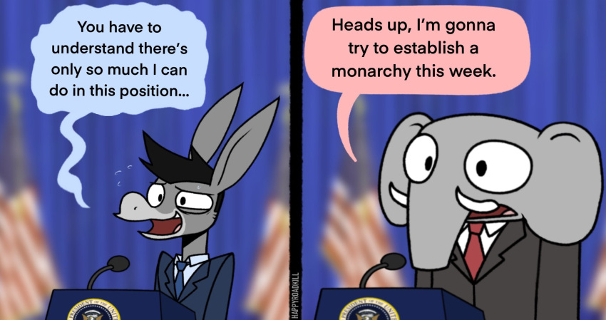 2021 anthro asinus clothed clothing comic comparing democrat democrat_donkey dialogue don_kennedy donkey duo elephant elephantid english_text equid equine george_o._pillsburry hair happyroadkill hi_res humor male mammal microphone political_cartoon politics proboscidean republican republican_elephant standing suit text tusks united_states_of_america