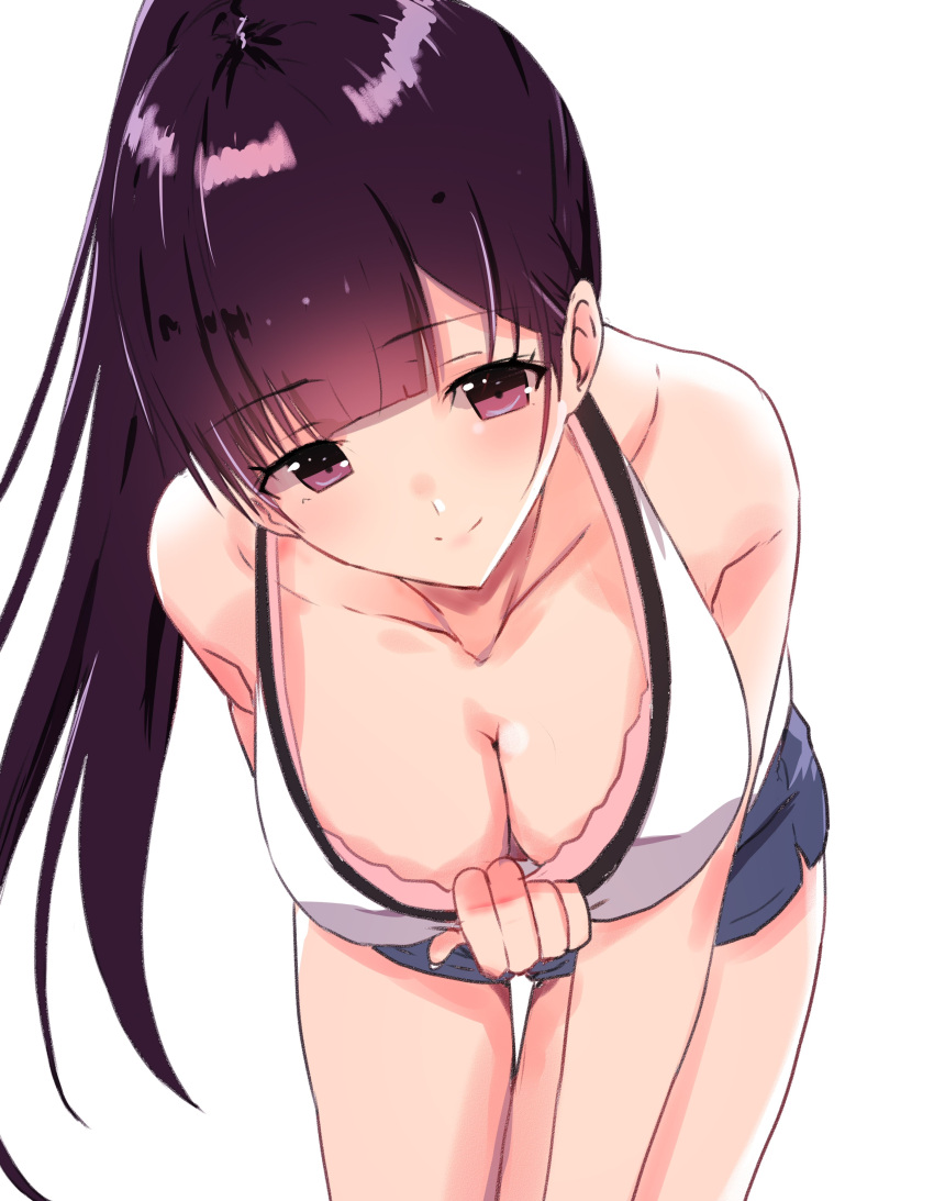 1girl absurdres bangs bare_hips bare_shoulders bent_over bra bra_pull bra_through_clothes breasts cleavage clothes_pull ekaki_kukuma highres leaning_forward looking_at_viewer original ponytail purple_eyes purple_hair seductive_smile short_shorts shorts smile solo tank_top underwear