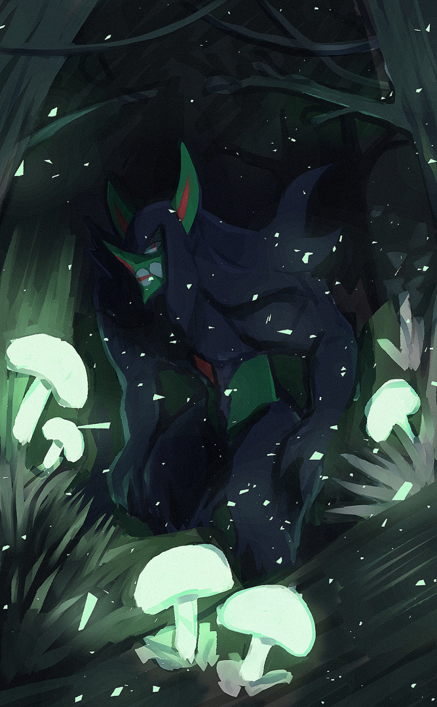 closed_mouth commentary_request dark emuenuon forest gen_8_pokemon glowing_mushroom grass grimmsnarl highres looking_at_viewer mushroom nature night orange_eyes outdoors pokemon pokemon_(creature) solo standing tree