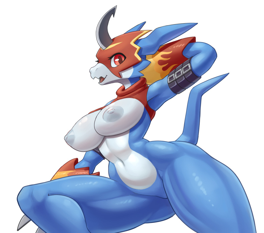 anthro big_breasts blue_body bottomless breasts clothed clothing cooliehigh digimon digimon_(species) female flamedramon hi_res horn looking_at_viewer mask navel nipples non-mammal_breasts red_eyes scalie smile solo thick_thighs tongue wide_hips