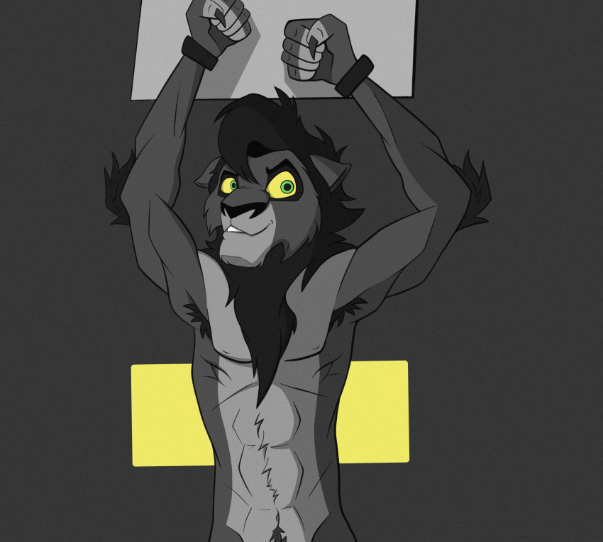 absurd_res anthro arms_above_head arms_tied bdsm bite biting_lip bondage bound disney felid furryfernus hi_res kovu lion male mammal muscular muscular_male pantherine solo the_lion_king yellow_sclera