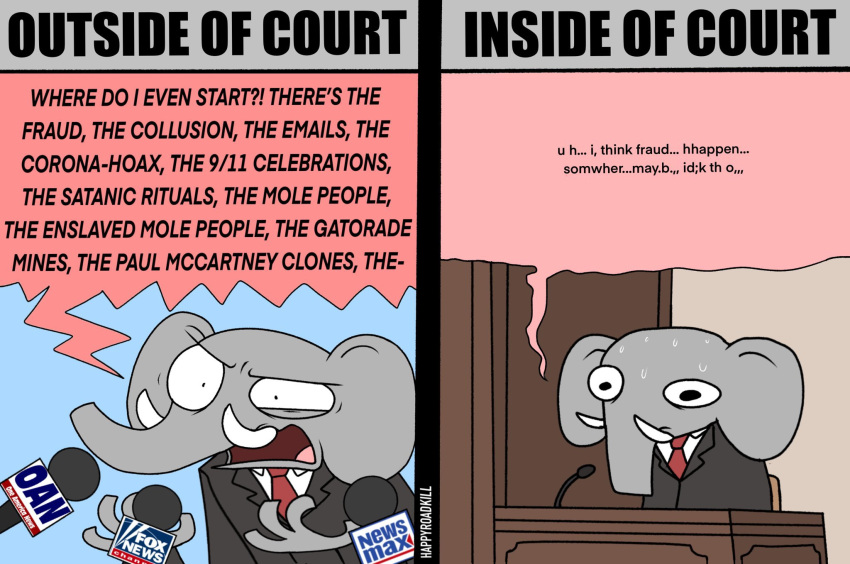 2021 anthro bodily_fluids clothed clothing comic comparing court dialogue elephant elephantid english_text george_o._pillsburry happyroadkill hi_res humor male mammal microphone political_cartoon politics proboscidean republican republican_elephant solo suit sweat text tusks yelling