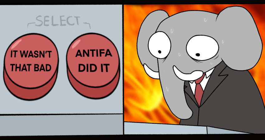 2021 anthro antifa bodily_fluids button_(disambiguation) clothed clothing comparing elephant elephantid english_text fire george_o._pillsburry happyroadkill hi_res humor male mammal meme political_cartoon politics proboscidean republican republican_elephant solo suit sweat text tusks