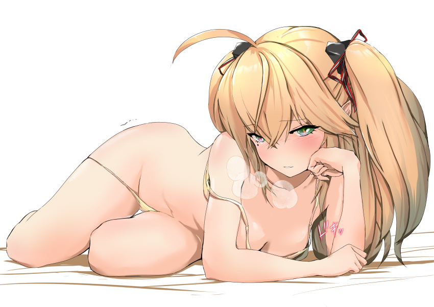 1girl absurdres admiral_hipper_(azur_lane) azur_lane blonde_hair bra bra_slip curvy green_eyes heavy_breathing highres looking_at_viewer lying mole mole_under_eye navel on_stomach p.i.t.d panties panty_slip seductive_smile short_twintails smile solo twintails underwear white_background