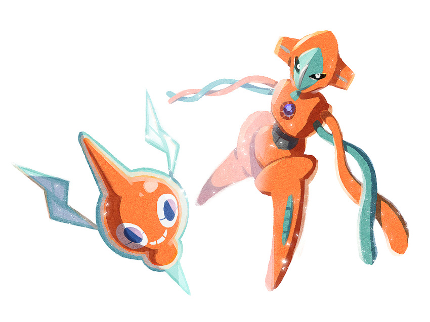 commentary deoxys deoxys_(normal) emuenuon full_body gen_3_pokemon gen_4_pokemon legs_apart looking_at_viewer mythical_pokemon no_humans outstretched_arms pokemon pokemon_(creature) rotom rotom_(normal) simple_background smile white_background