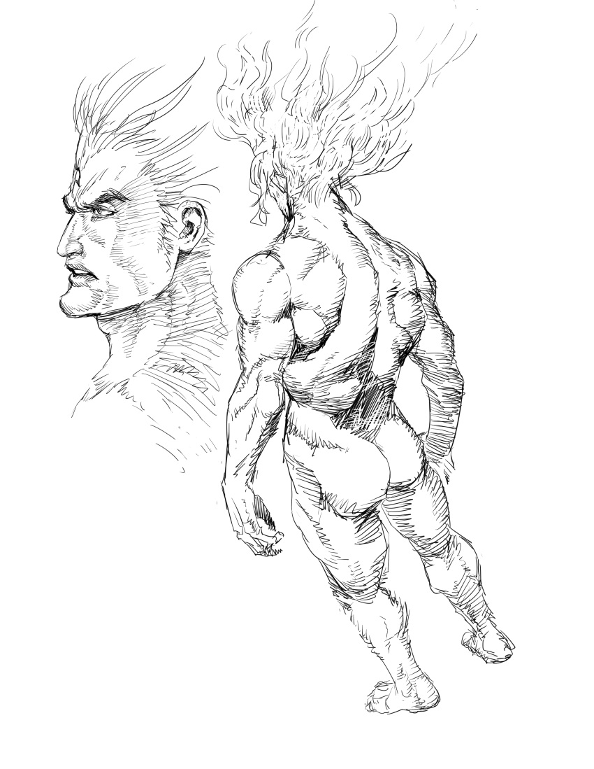 absurdres ass cirenk floating_hair gem gill greyscale highres monochrome muscular muscular_male street_fighter street_fighter_iii_(series)