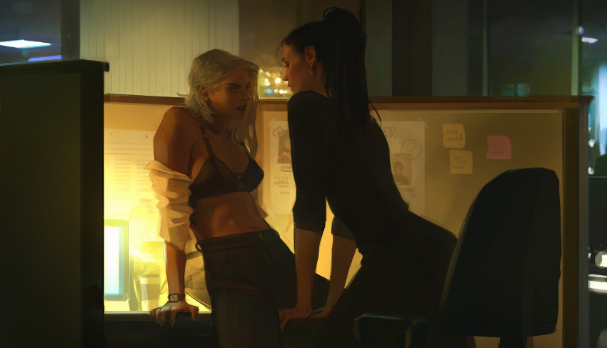 2girls absurdres alternate_skin_color alternate_universe arm_between_legs ashe_(overwatch) assertive_female black_bra black_hair black_nails black_pants black_sweater bra commentary cubicle desk earrings efferwescent english_commentary eye_contact eyeshadow fingernails highres hoop_earrings indoors jewelry lipstick long_hair looking_at_another makeup medium_hair midriff mole mole_above_mouth mole_on_arm multiple_girls navel nose off-shoulder_shirt off_shoulder open_clothes open_shirt overwatch pants ponytail shirt sleeves_pushed_up stud_earrings sweater underwear undressing watch white_hair white_shirt widowmaker_(overwatch) wristwatch yuri