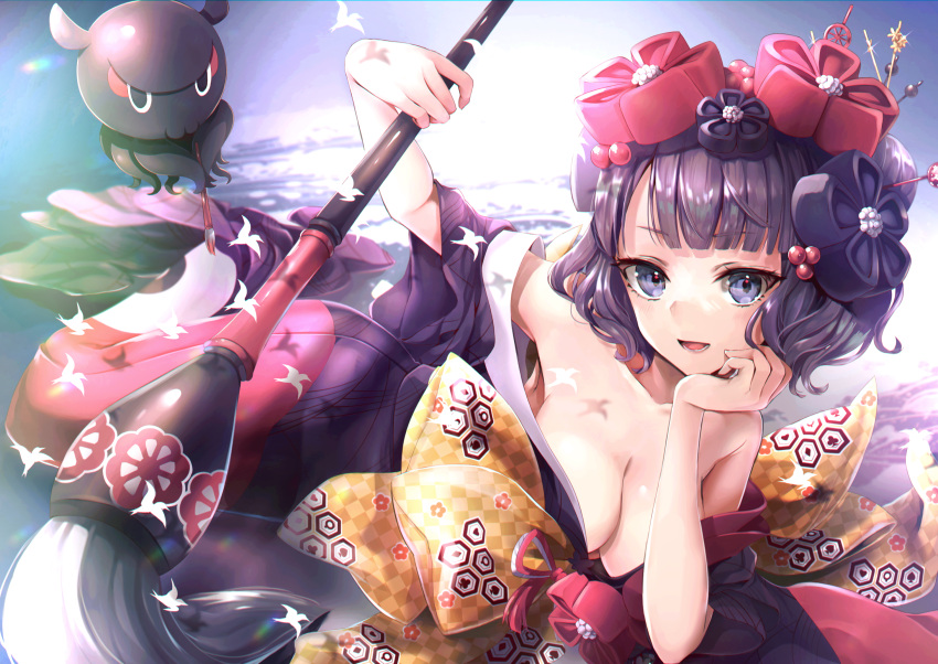 1girl bangs bare_shoulders breasts calligraphy_brush cleavage collarbone commentary_request fate/grand_order fate_(series) flower hair_flower hair_ornament hairpin hane_yuki head_rest highres holding holding_paintbrush japanese_clothes katsushika_hokusai_(fate) kimono lying obi octopus off_shoulder on_side open_mouth paintbrush purple_eyes purple_hair purple_kimono sash short_hair smile tokitarou_(fate)