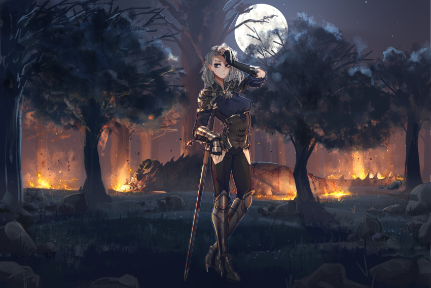 1girl absurdres arched_back armor boots breasts brown_gloves brown_pants closed_mouth collaboration commission corset english_commentary fingerless_gloves fire forest full_body full_moon gauntlets gloves grey_hair highres holding knee_boots knight long_hair medium_breasts michaeldarkgrim moon nature night night_sky original outdoors pants planted_sword planted_weapon popopoka scar scar_across_eye scar_on_face shoulder_plates silia_(siliaasrai) sky solo standing sword tree weapon