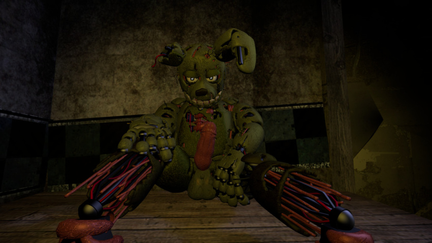 2021 angry angry_eyes animatronic anthro balls checkered_wall detailed endoskeleton erection exposed_endoskeleton five_nights_at_freddy's five_nights_at_freddy's_3 genitals green_body green_nose grey_eyes hand_on_leg hands_on_legs hands_on_own_legs humanoid_genitalia humanoid_penis inside lagomorph leporid long_ears looking_at_viewer machine male mammal notched_ear nude on_stage penis pesky_fox presenting presenting_balls presenting_penis rabbit restaurant robot sitting smile solo spread_legs spreading springtrap_(fnaf) stage teeth torn_arm torn_body torn_face torn_hand torn_leg video_games wire yellow_sclera