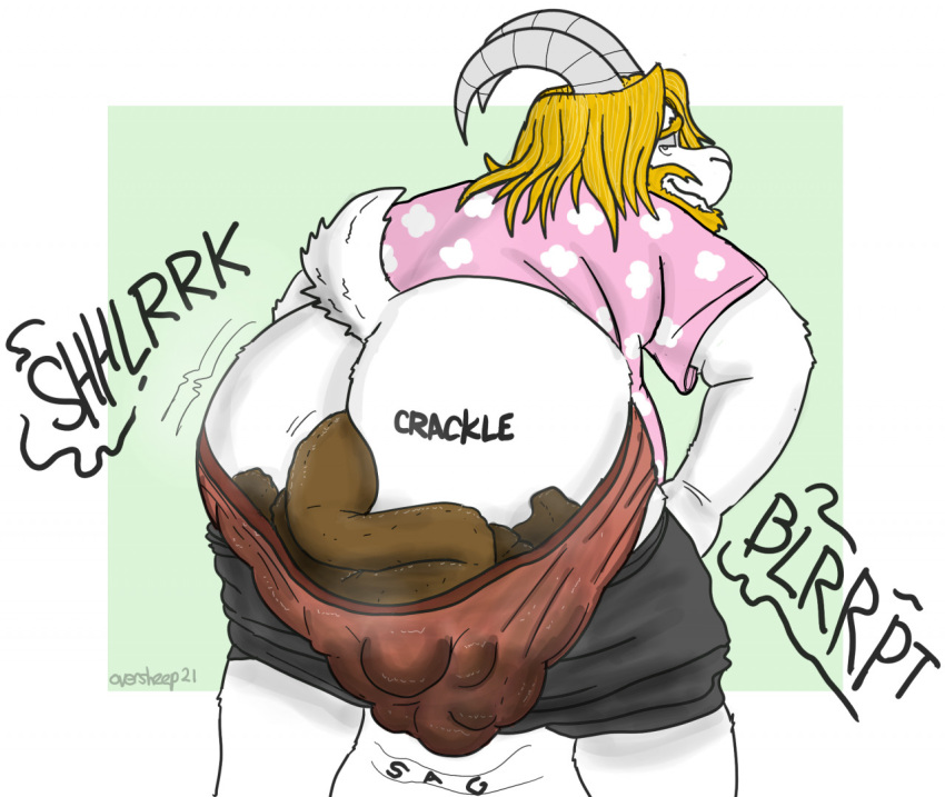 anthro asgore_dreemurr bovid caprine feces goat looking_back male mammal messing onomatopoeia oversheep pooping sagging_pants scat soiling_underwear solo sound_effects text undertale video_games