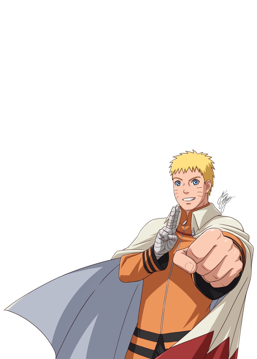 1boy bandaged_head bandages blonde_hair blue_eyes boruto:_naruto_next_generations cape clenched_hand facial_mark grin highres male_focus marco_albiero naruto_(series) signature smile solo uzumaki_naruto zipper