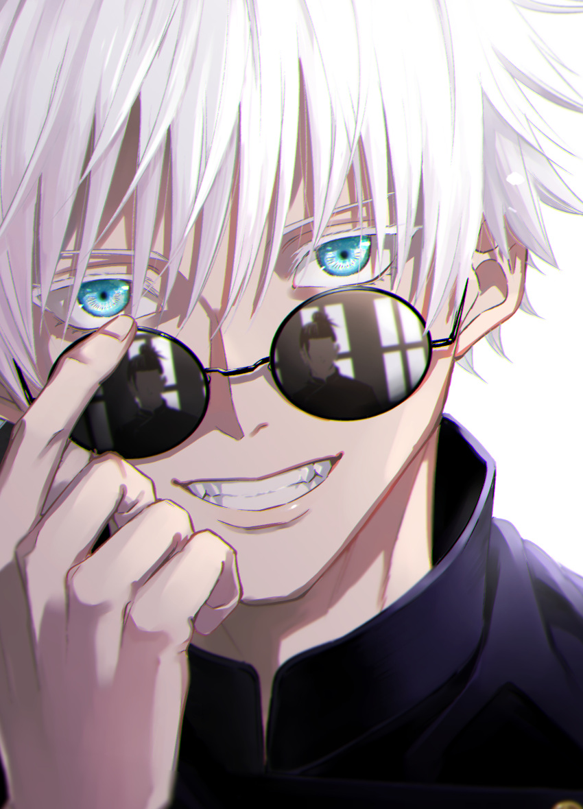 1boy bangs black_jacket blue_eyes getou_suguru gojou_satoru grin hair_between_eyes hand_up highres jacket jujutsu_kaisen looking_at_viewer male_focus natsupa portrait reflection round_eyewear short_hair simple_background smile solo_focus sunglasses white_background white_hair