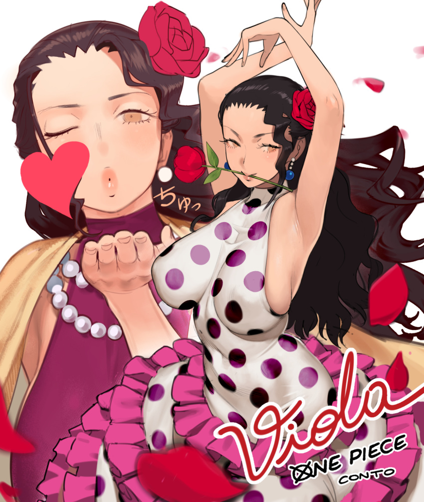 1girl :&gt; arms_up black_hair blown_kiss breasts brown_eyes conto covered_nipples dress english_commentary fingernails flamenco flamenco_dress flower forehead frilled_dress frills hair_flower hair_ornament halter_dress halterneck highres jewelry large_breasts long_dress long_hair mouth_hold multiple_views necklace no_bra one_piece pearl_necklace polka_dot polka_dot_dress pose red_flower red_rose rose sideboob viola_(one_piece)