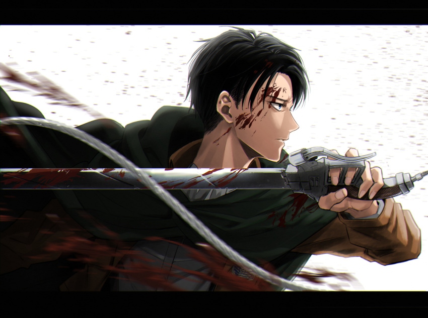 1boy black_border black_hair blood blood_on_face blood_splatter bloody_clothes blue_eyes border brown_jacket cloak closed_mouth fighting_stance green_cloak holding holding_sword holding_weapon jacket letterboxed levi_(shingeki_no_kyojin) long_sleeves looking_away male_focus natsupa paradis_military_uniform profile shingeki_no_kyojin shirt short_hair solo survey_corps_(emblem) sword upper_body weapon white_background white_shirt