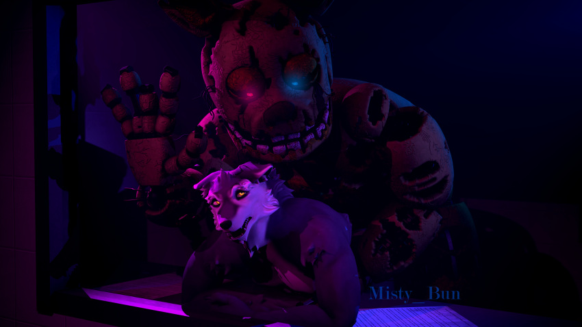 2021 3d_(artwork) absurd_res all_fours anal anal_penetration animatronic anthro bent_over biceps black_nose blue_eyes canid canine canis detailed digital_media_(artwork) doggystyle duo fangs five_nights_at_freddy's five_nights_at_freddy's_3 from_behind_position fur furniture grey_body grey_fur hi_res lagomorph leporid long_ears looking_back looking_down looking_up machine male male/male mammal manly misty_bun multicolored_body multicolored_eyes multicolored_fur muscular narrowed_eyes notched_ear nude open_mouth penetration pink_eyes rabbit robot sex sharp_teeth smile source_filmmaker springtrap_(fnaf) squint standing table teeth torn_arm torn_face triceps video_games white_body white_fur wire wolf yellow_body yellow_eyes yellow_nose