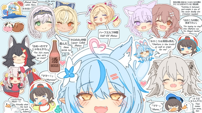 6+girls ^_^ aki_rosenthal animal_ear_fluff animal_ears bird black_hair blonde_hair blue_eyes brown_eyes cat_girl closed_eyes cow dark_skin dark_skinned_female detached_hair duck ear_piercing elf english_text fangs highres hololive horns inugami_korone lion_ears multicolored_hair multiple_girls nakiri_ayame nekomata_okayu one_eye_closed oni oni_horns ookami_mio oozora_subaru open_mouth orange_eyes piercing pointy_ears ponytail purple_eyes purple_hair red_eyes red_hair relationship_graph shiranui_flare shirogane_noel shishiro_botan short_hair silver_hair skin_fangs smile speech_bubble streaked_hair subaru_duck tataki_tuna twintails wolf_ears wolf_girl yukihana_lamy yuri