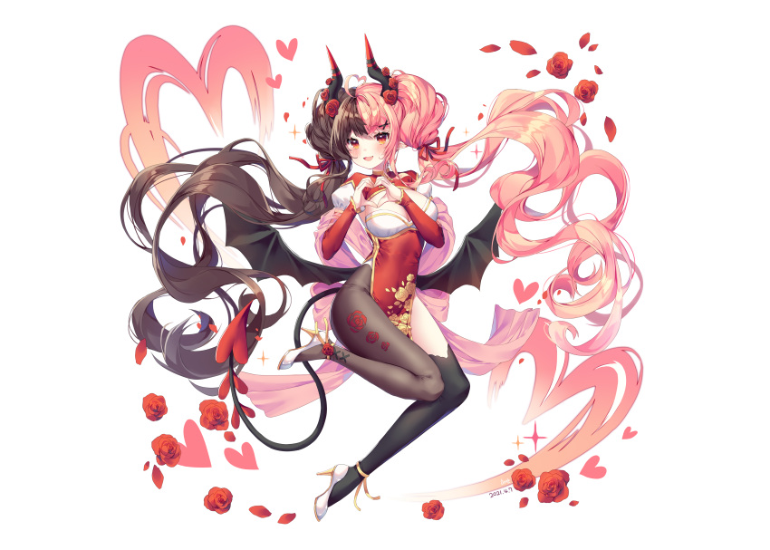 albinoraccoon blush breasts brown_hair chinese_clothes chinese_dress cleavage dress fang flowers heart horns long_hair orange_eyes original pantyhose petals pink_hair pointed_ears ribbons rose signed tail thighhighs twintails white wings