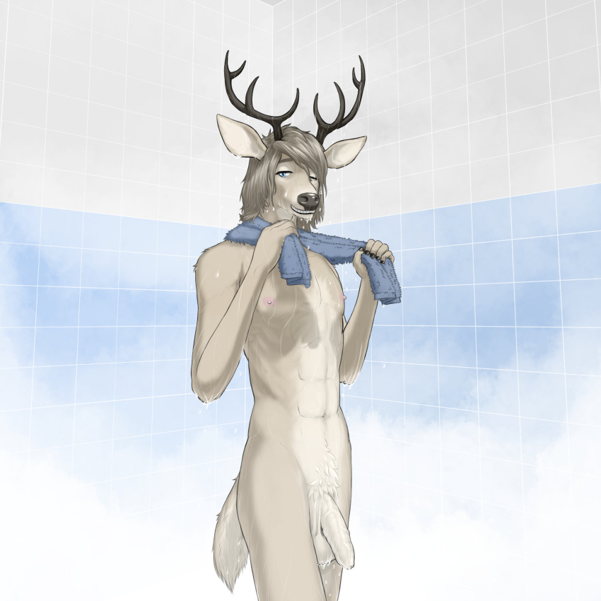 5_fingers abs anthro antlers balls big_balls blue_eyes brown_hair cervid cervine digital_drawing_(artwork) digital_media_(artwork) dripping dripping_wet droplets fingers flaccid foreskin fur genitals hair hair_over_eye hi_res hooved_fingers hooves horn humanoid_genitalia humanoid_penis looking_at_viewer male mammal maskopatol messy_hair muscular muscular_anthro muscular_male navel nipples nude one_eye_closed one_eye_obstructed penis pubes saggy_balls shower_room smile solo solo_focus standing steam tan_body tan_fur teeth tile tile_wall towel towel_around_neck towel_only tuft uncut vein veiny_penis wall_(structure) wet wet_body wet_fur wet_hair wink