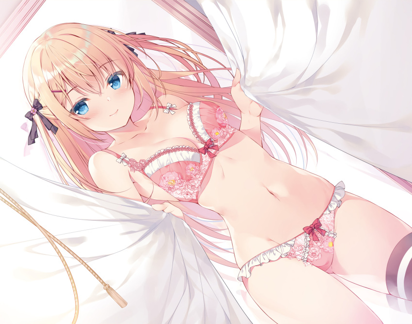 1girl ass_visible_through_thighs black_legwear blonde_hair blue_eyes blush bow bow_panties bra breasts closed_mouth cropped curtain_grab curtains dutch_angle hair_ornament hair_ribbon hairclip highres indoors long_hair medium_breasts miwabe_sakura navel non-web_source original panties pink_bra pink_panties ribbon sidelocks single_thighhigh smile solo thighhighs two_side_up underwear underwear_only