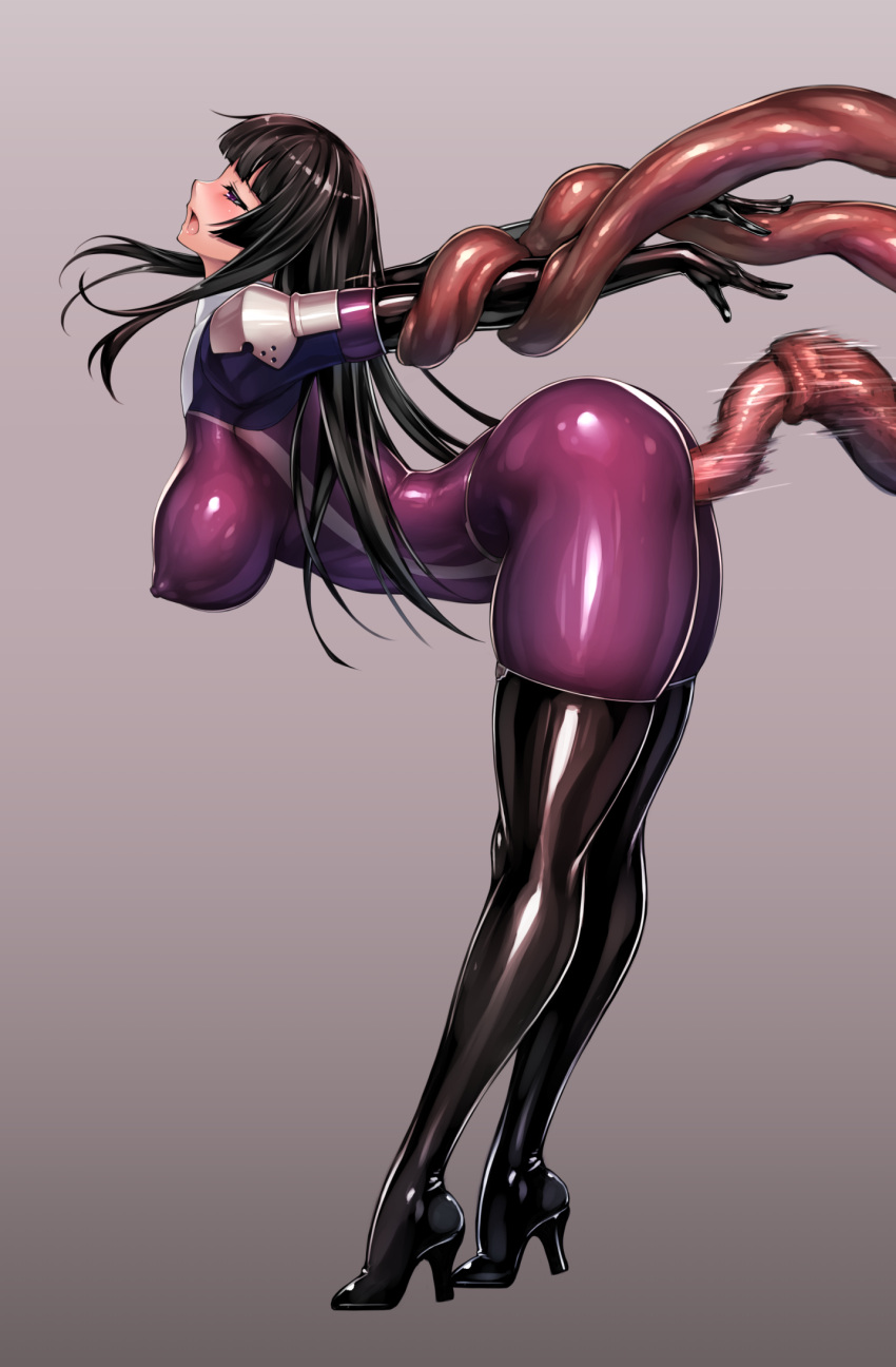 1girl bent_over black_gloves black_hair black_legwear blush bodysuit boots bound bound_arms breasts clothed_sex creature elbow_gloves full_body gloves gradient gradient_background half-closed_eyes head_back high_heel_boots high_heels highres hime_cut kamori_sayaka large_breasts latex latex_bodysuit latex_boots latex_gloves latex_suit long_hair motion_lines open_mouth original penetration_through_clothes purple_bodysuit purple_eyes rindou_(radical_dream) shiny shiny_clothes skin_tight tentacle_sex tentacles thick_thighs thigh_boots thighhighs thighs through_clothes vaginal