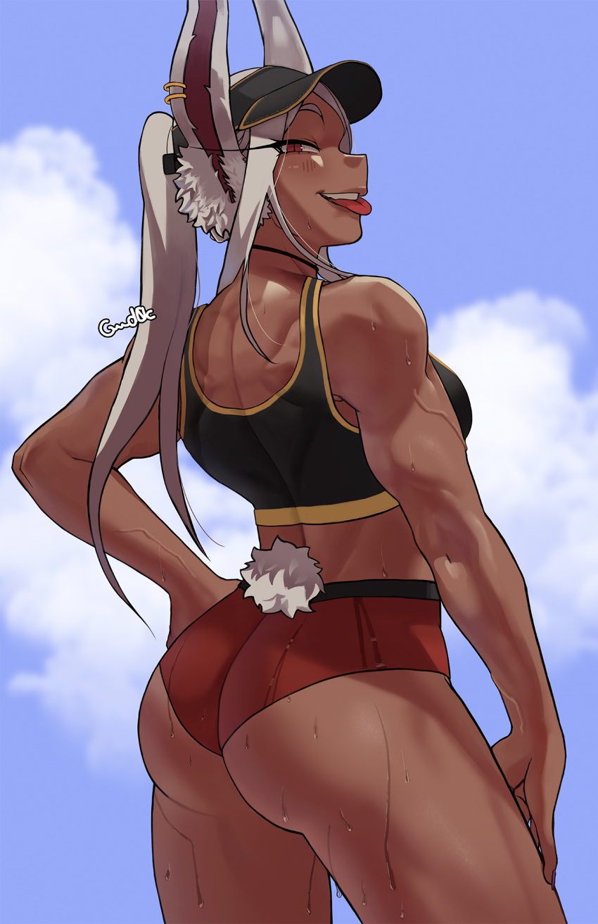 1girl :p ass back blush boku_no_hero_academia brown_eyes bunny_tail cloud dark_skin dark_skinned_female eyelashes gud0c hand_on_hip highres looking_at_viewer looking_back mirko muscular muscular_female ponytail slit smile solo sports_bra sweat tail teeth tongue tongue_out veins visor_cap white_hair