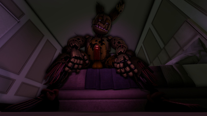 2021 animatronic anthro balls barefoot bed bedroom detailed endoskeleton erection exposed_endoskeleton feet five_nights_at_freddy's five_nights_at_freddy's_3 furniture genitals grey_eyes humanoid_genitalia humanoid_penis inside lagomorph leporid long_ears looking_at_viewer looking_down machine male mammal notched_ear nude penis presenting presenting_balls presenting_penis rabbit remuswolf robot sitting smile solo spread_legs spreading springtrap_(fnaf) teeth torn_arm torn_body torn_face torn_leg video_games wire