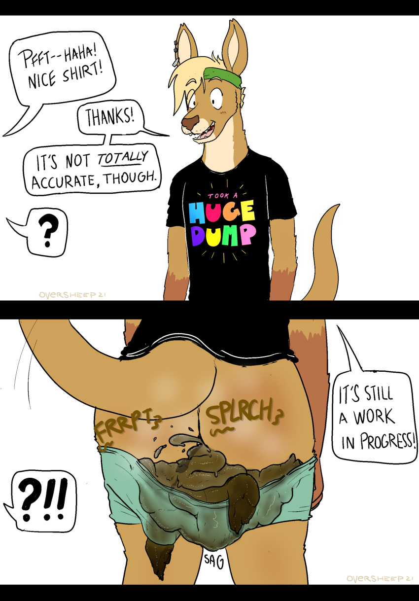 absurd_res anthro comic dialogue feces hi_res kangaroo macropod male mammal marsupial messing onomatopoeia oversheep scat soiling soiling_underwear solo sound_effects text