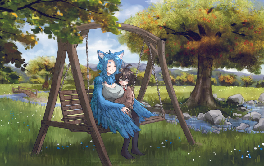 2girls absurdres ahoge animal_ear_fluff animal_ears antenna_hair bangs bench black_legwear blind_girl_(popopoka) blue_hair breasts brown_hair brown_skirt brown_sweater chain cleavage closed_eyes closed_mouth collaboration commission crossed_bangs day english_text grass grey_eyes grey_shirt hair_between_eyes harpy highres large_breasts long_sleeves monster_girl multiple_girls no_shoes original outdoors pantyhose plaid plaid_skirt popopoka shirt short_hair sitting sitting_on_lap sitting_on_person skirt smile stone stream sweater tree wings