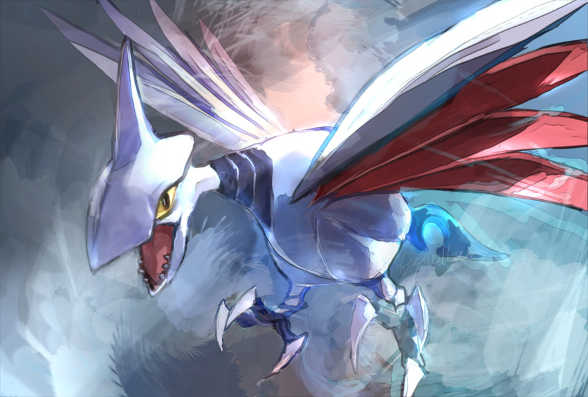 animal_focus artist_name bird black_eyes claws cloud cloudy_sky colored_sclera commentary_request day_walker1117 english_text flying gen_2_pokemon grey_sky highres no_humans one-hour_drawing_challenge open_mouth outdoors pokemon pokemon_(creature) sharp_teeth signature skarmory sky solo teeth tongue yellow_sclera
