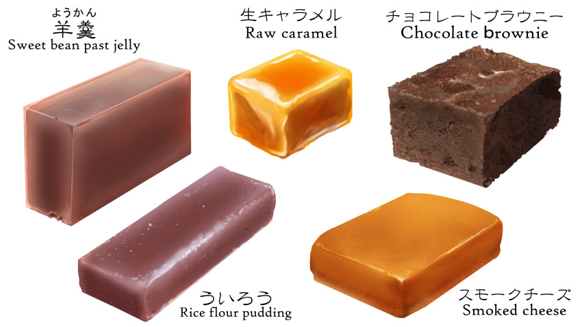 absurdres caramel chamaji cheese chocolate_brownie english_text food food_focus highres no_humans original simple_background smoked_cheese typo uirou_(food) wagashi white_background youkan_(food)